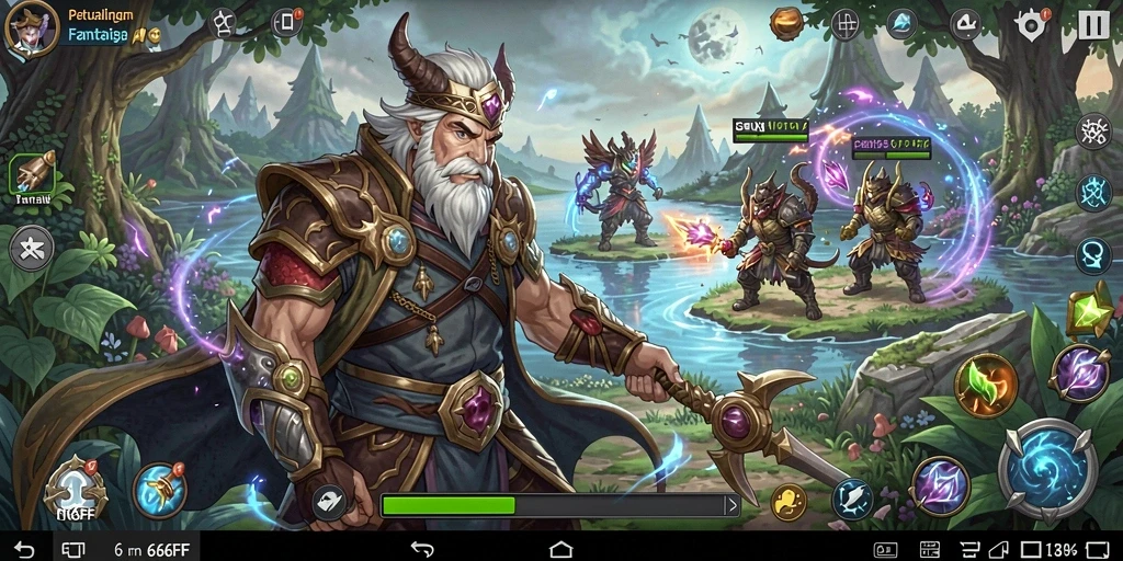 Screenshot menunjukkan pertempuran epik dalam dunia fantasi ARPG.