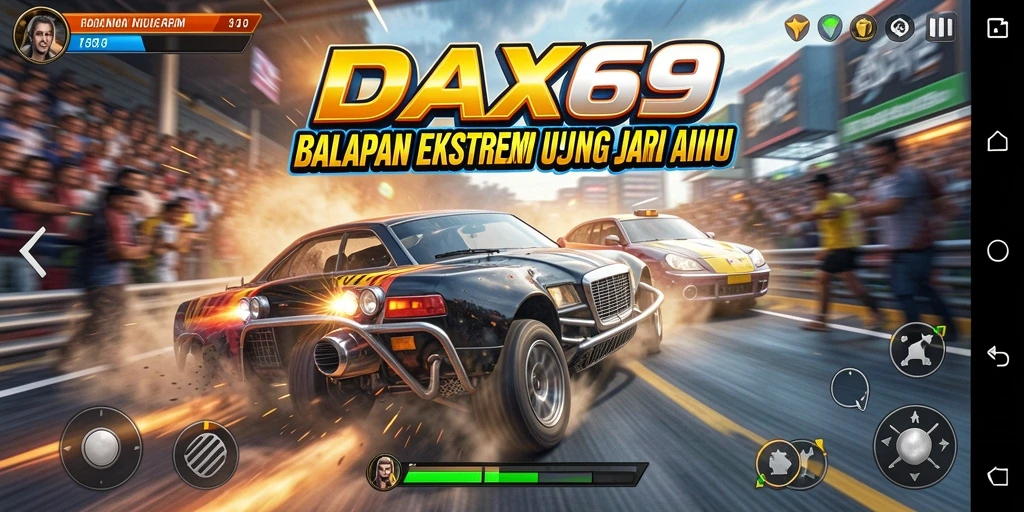 Screenshot gameplay DAX69 memperlihatkan mobil balap di lintasan menantang.