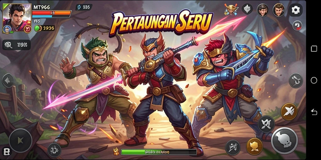 Screenshot gameplay MT966 menunjukkan pertarungan epik antara karakter-karakter unik.