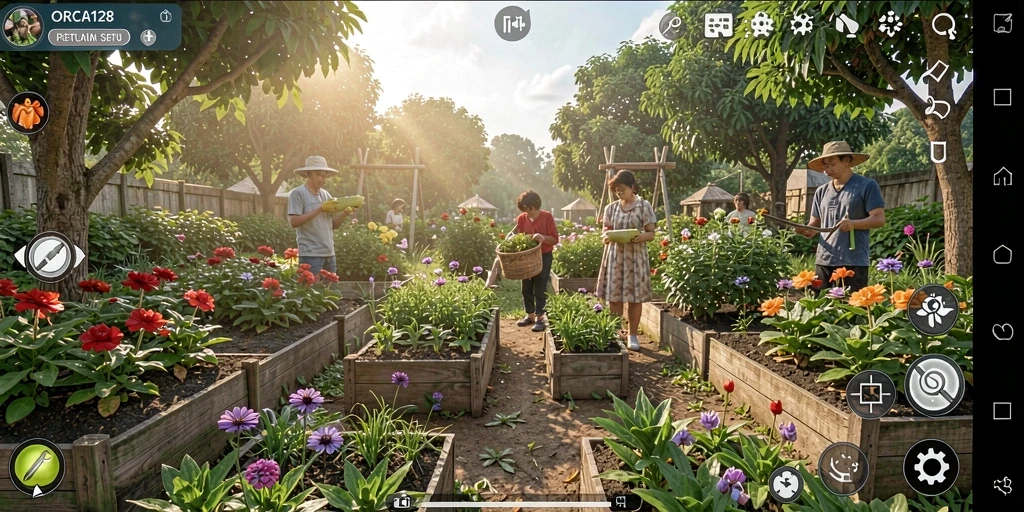 Tampilan gameplay ORCA128 dengan berbagai tanaman dan hewan.