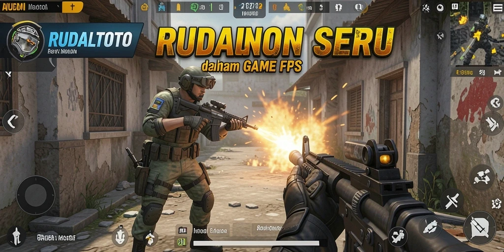 Screenshot gameplay RUDALTOTO menampilkan aksi tembak-menembak yang intens.