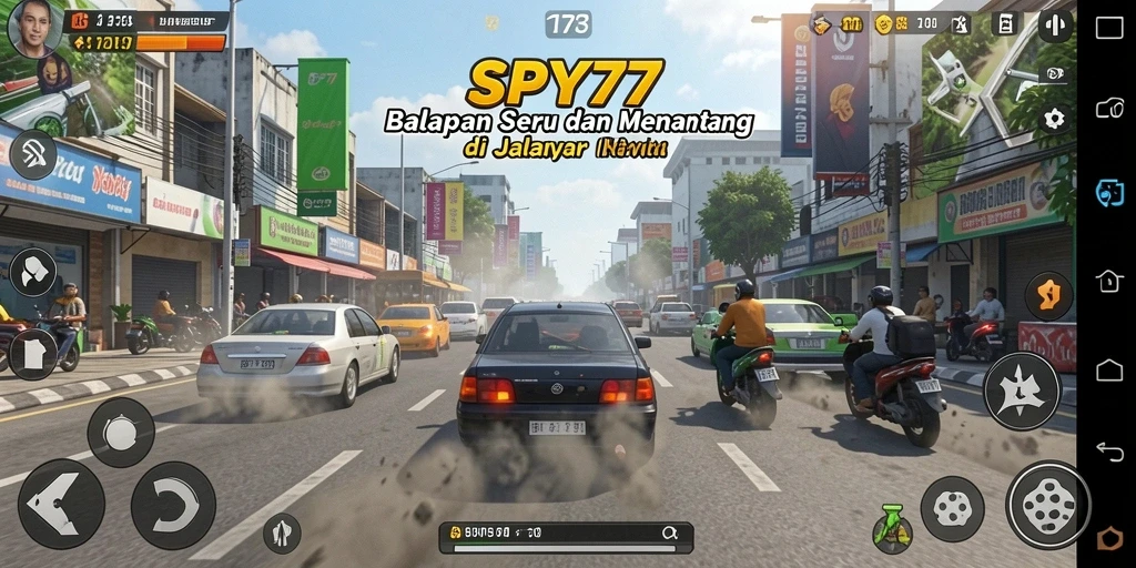 Screenshot gameplay SPY77 menampilkan aksi balapan yang memukau.