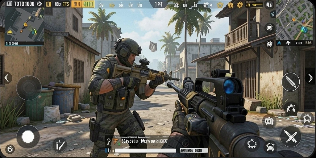 Tampilan gameplay menegangkan dari TOTO1000 dengan aksi tembak-menembak yang intens.