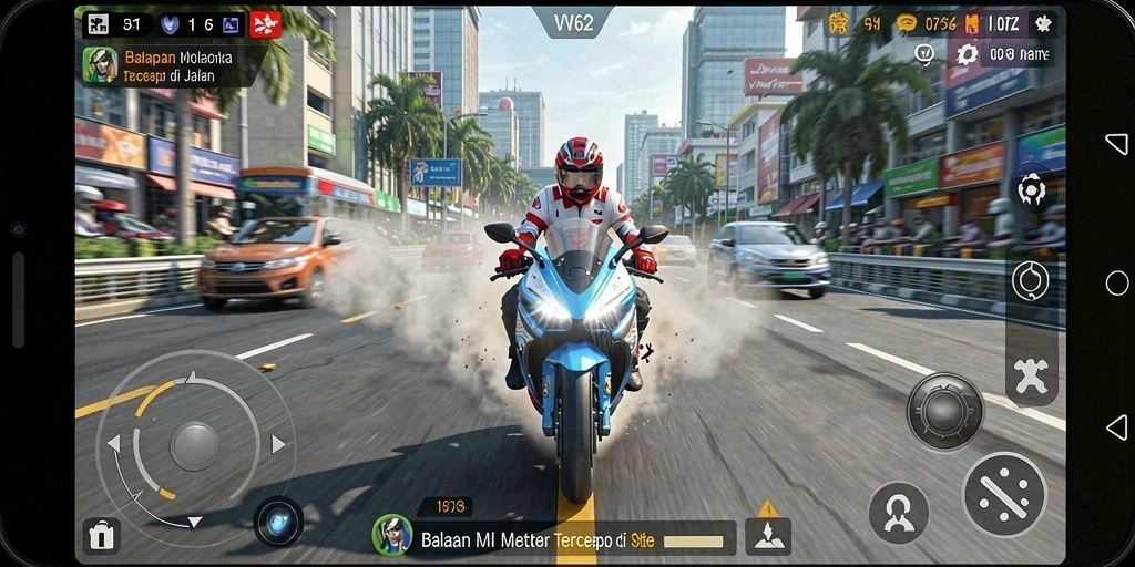 Screenshot VV62 menampilkan aksi balapan motor yang intens dan mendebarkan.